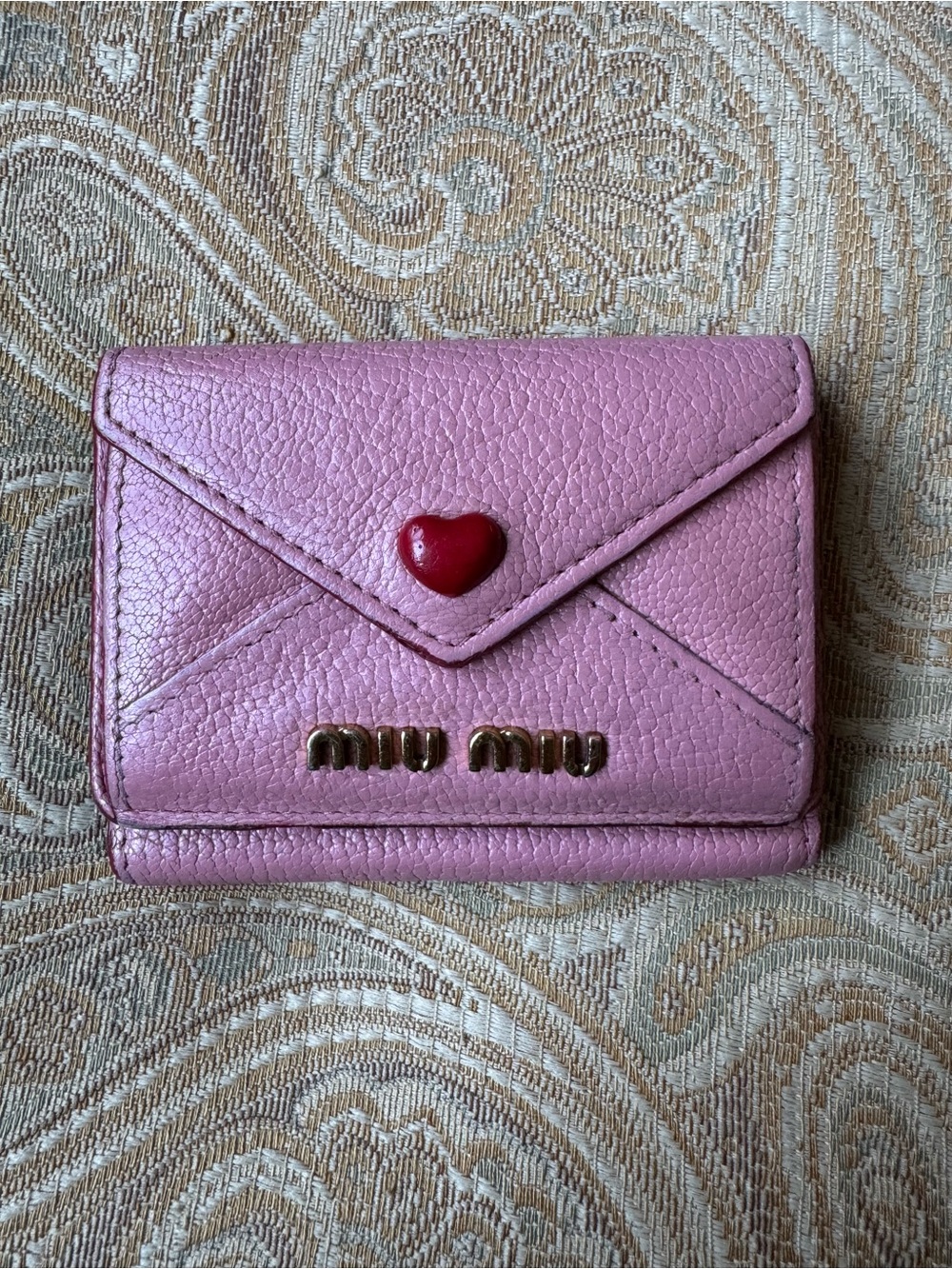 Miu Miu Love Letter Madras Leather Envelope Mini Wallet with Red Heart Accent 🔥